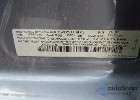 2007 Volkswagen Jetta Wolfsburg Edition из США, поврежденный, VIN 3VWEF71K97M188616